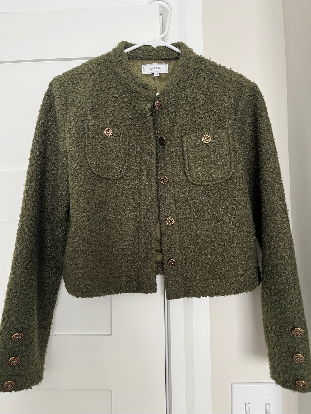 RIHOAS Olive Green Bouclé Cropped Button Jacket
